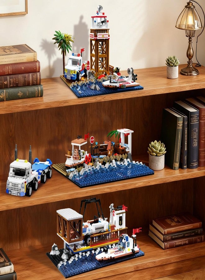 Mov stone 3 in 1 Flatbed Truck Coastal Scene Building Set - Fishing Dock, Police Beach Rescue & Cargo Port Diorama, Compatible with Lego Police Sets, Display Build for Teens & Adults (750 Pieces) - Image 2